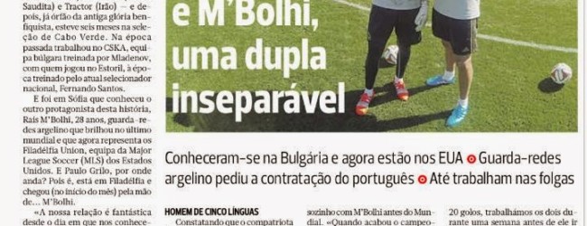 Paulo Grilo e M’Bolhi em destaque no jornal A Bola